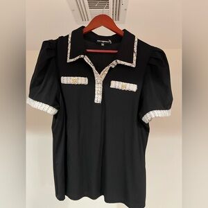 Karl Lagerfeld Black Polo Top with Lace Trim